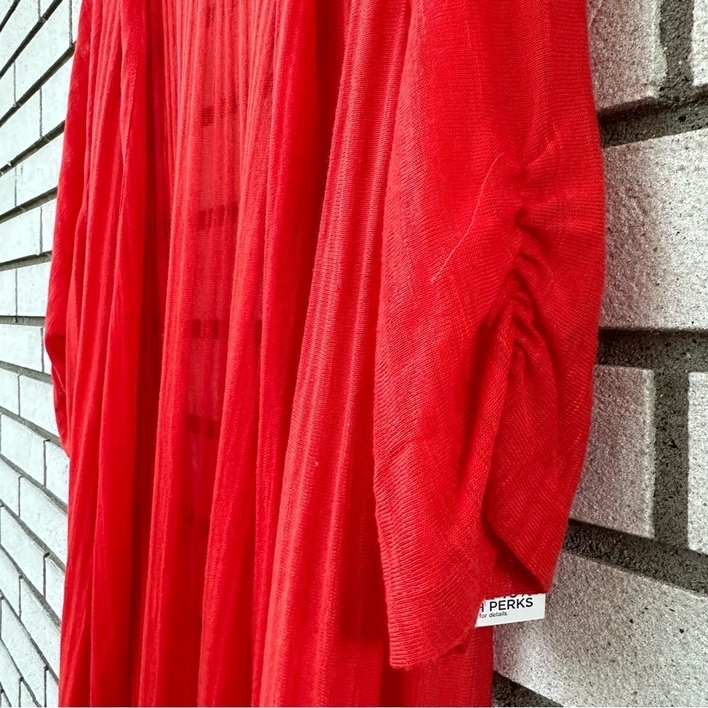 NWT Catherines Tomato Red Sheer Stripe Knit Long Open Cardigan Ruched Sleeve 2X - Picture 10 of 10